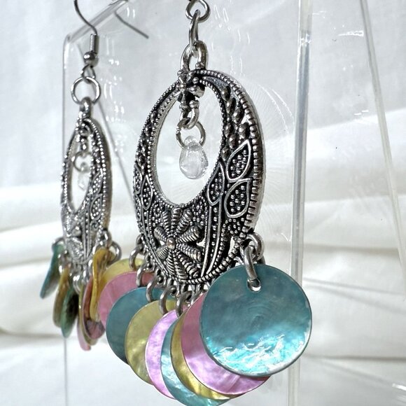 Silver Tone Dangle Earrings Multicolor Shell Discs - Picture 2 of 8